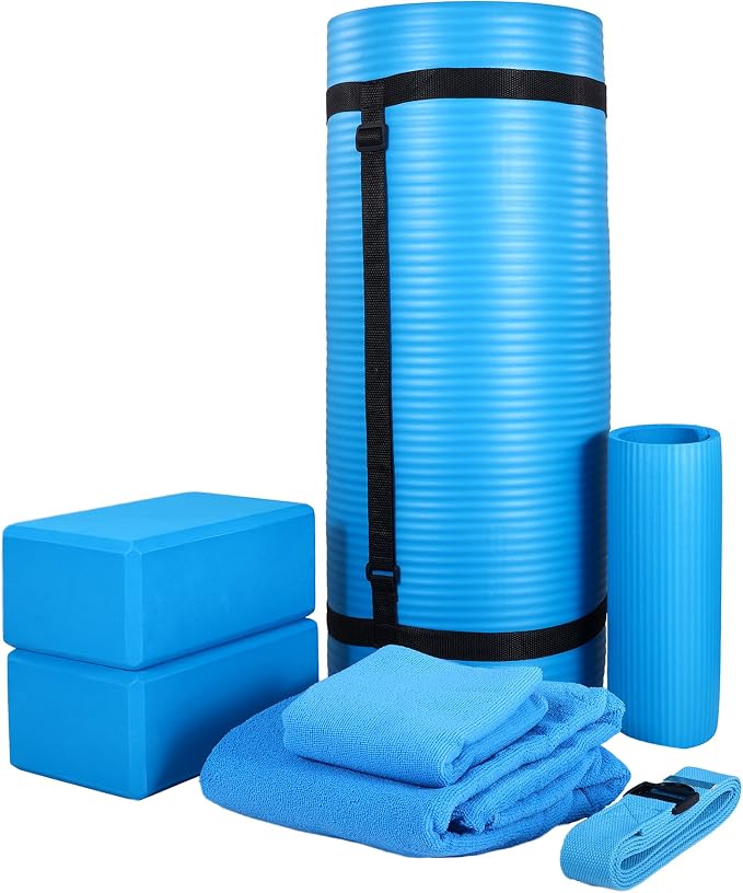 BalanceFrom 7-Piece Yoga Set with 71x24x1 Inches Extra Thick Mat and Carrying Sling – Includes 2 Blocks, Stretch Strap, 2 Towels, and Knee Pad for Home, Studio, and Gym Workouts