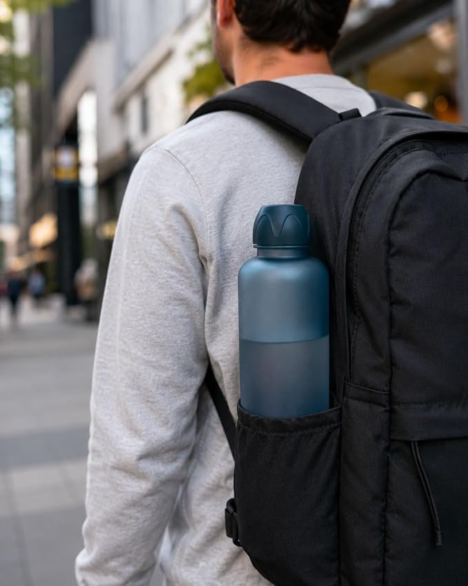 Slim Water Bottle 32 OZ with Stainless Steel Lid, Dishwasher Safe 1 Liter Plastic Water Bottle BPA-Free, Leakproof Lightweight with Time Marker, Reusable for Running School Sport Gym Travel Hiking