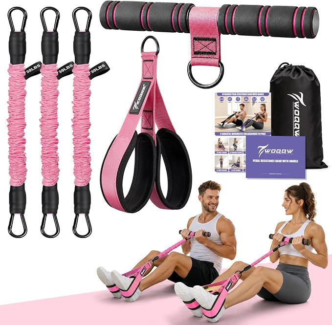 WOQQW Multifunction Pedal Resistance Band with Handle, Upgraded 3 Tube Adjustable Foot Resistance Bands for Core, Arm, Legs, Body Puller Trainer - Sit Up Exercise Equipment for Women Men