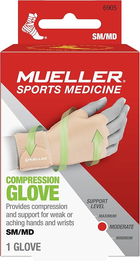 MUELLER Sports Medicine Compression Glove for Men and Women, Hand & Wrist Pain Relief Support, Ideal for Carpal Tunnel, Arthritis, Fits Right or Left, Beige
