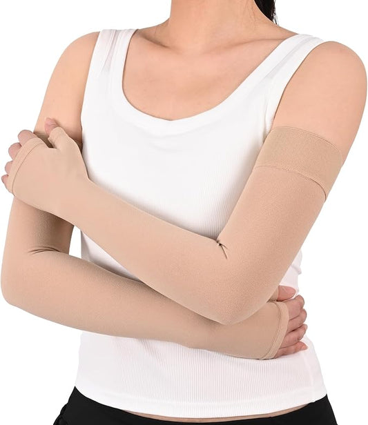 1 Pair Medical Full Compression Arm Sleeves with Palm Cover for Women Men | 20-30mmHg Graduated Compression,Arm And Elbow Supports,Silicone Anti-Slip Dots, Lymphedema,Arthritis,Bursitis, Post-Surgery