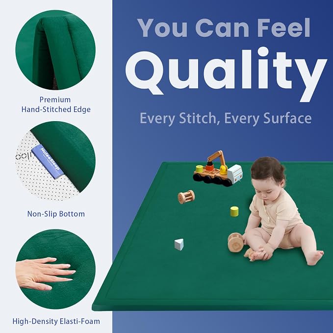 Baby Play Mat for Floor,1.3" Thick Memory Foam Tummy Time Mat,Water Repellent Soft Velvet Nursery Rug,Extra Large Non Slip for Crawling,Toddlers,Infants,Kids,Tatami Style for Living Room(Dark Green)