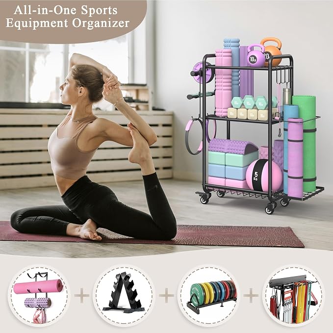 Multi-Functional Home Gym Storage Rack with Wheels and Hooks | Gym Equipment Storage for Dumbbells Kettlebells Yoga Mat, All-in-One, Space Saving, Easy to Assemble