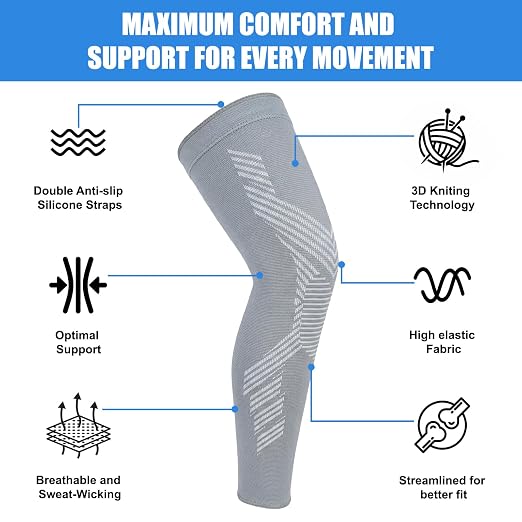 Full Leg Compression Sleeves for Men and Women,2 Pack Legs Sleeves Long Knee Brace Support for Running, Basketball, Cycling, Workout, Sports - Gray,XL