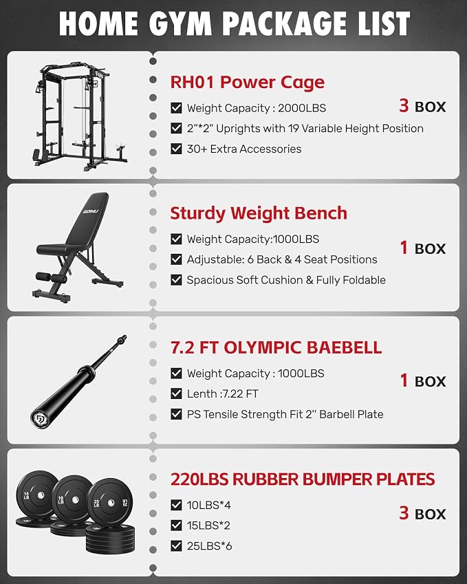 RH01 Power Cage Rack, 2000LBS Squat Rack with with Cable Crossover System&LAT Pull Down System, Multi-Function Workout Cage for Home&Garage Gym