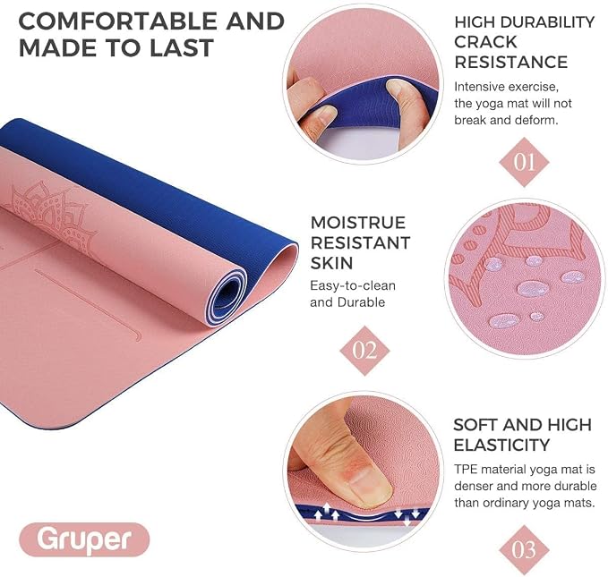 Gruper Yoga Mat Non Slip TPE Extra Wide Yoga Mat with Alignment Mark, 72"L x 32"W x 0.32"/0.24"Th (183cm x 80cm x 8mm/6mm), Anti-Tear Exercise Mat with Carrying Strap and Bag, Workout Mats for Yoga, Pilates