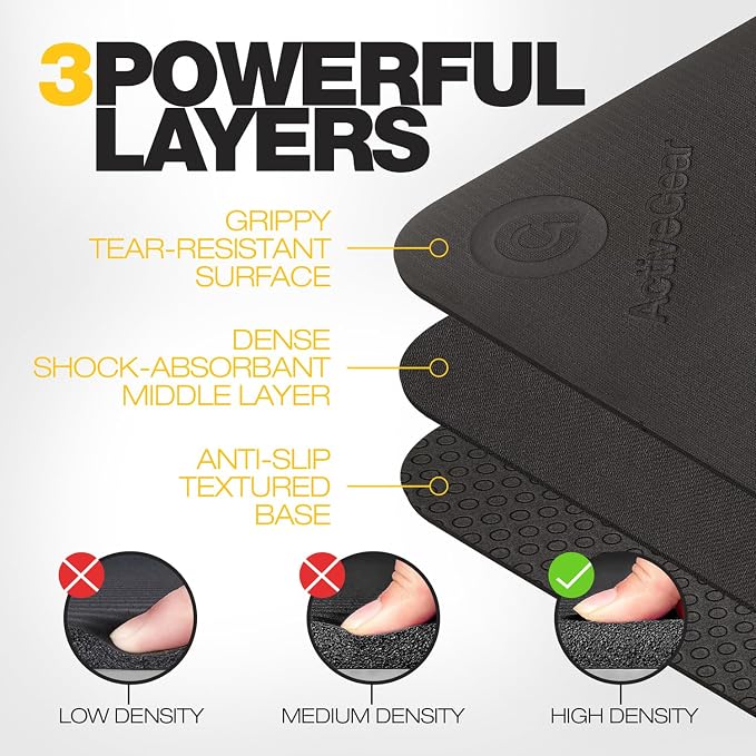 ActiveGear Large Exercise Mat, 6'x4' Non-Slip Rubber Home Gym - Black | 7mm non-slip rubber cushions joints on carpet, tile or concrete. Shoe-friendly. Non-toxic, durable materials.