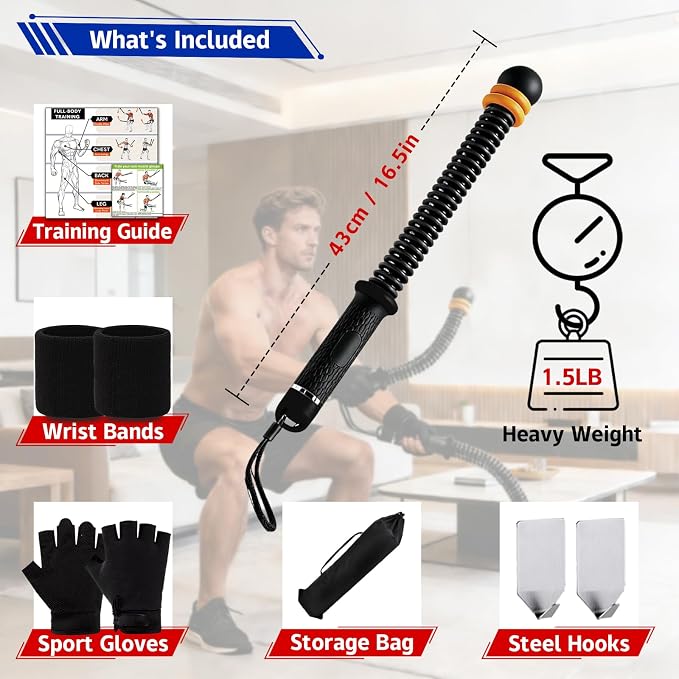 Ropeless Battle Ropes, Portable Cordless Battle Ropes with Sliding Weight Rings for Customizable Intensity, Home Training Kit with Storage Bag, Spring Stick for HIIT Strength & Muscle Training