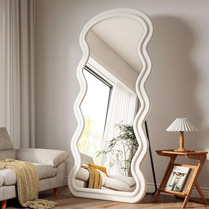 Full Length Mirror, 71"x32" Wavy Full Body Mirror Flannel | Full Body Mirror with Stand, Flannel Floor Mirrror Bedroom and Living Room, Wall Mirror Hanging or Leaning, White