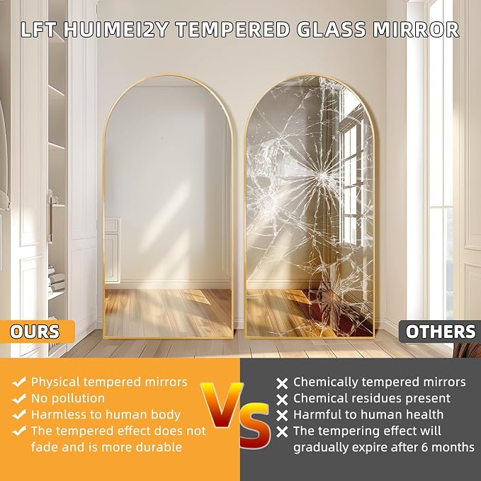 LFT HUIMEI2Y 76.4"x37" Arch Full Length Mirror, Gold Floor Mirror | Tempered Oversized Mirror Full Body with Aluminum Alloy Frame; Standing, Leaning, or Wall Mount for Bedroom, Living Room