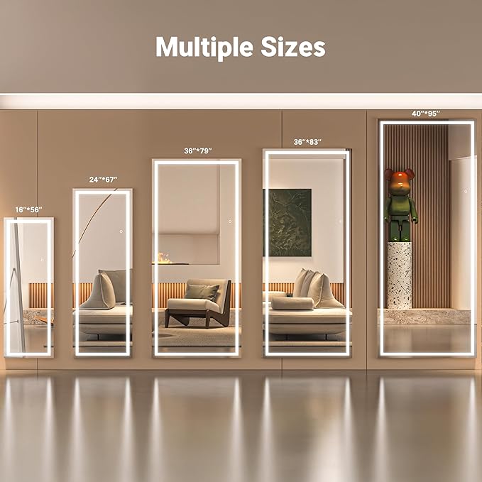 71" x 32" Full Length Mirror with Lights, LED Lighted Floor Standing Body Mirror, Dimmable & 3 Color Lighting for Bedroom, Cloakroom, Dressing Room, Tempered Glass, White Frame