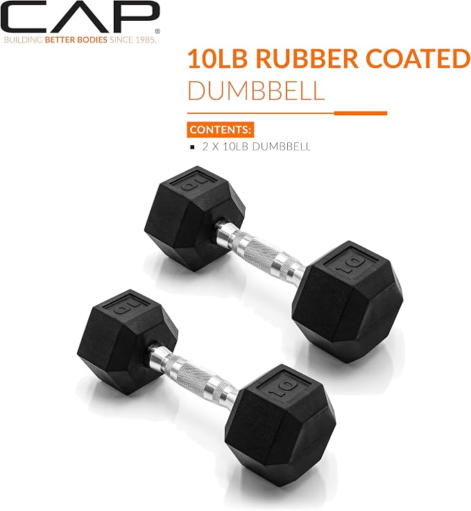 CAP Rubber Coated Dumbbell Weights, Free Weights for Home Gym Strength Training, Anti-Roll Hex Dumbbells with Black, Chrome & Comfort Grip Handles, Pairs & Sets