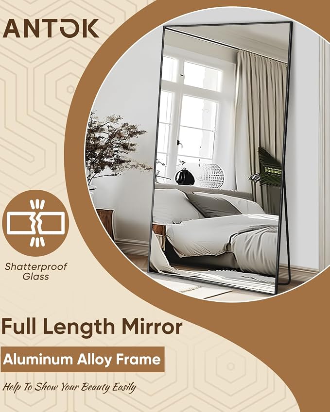 Antok Full Length Mirror, 78"x38" Floor Mirror, Floor Standing Freestanding Full Body Mirror with Stand for Bedroom, Hanging Mounted for Living Room Cloakroom, Black