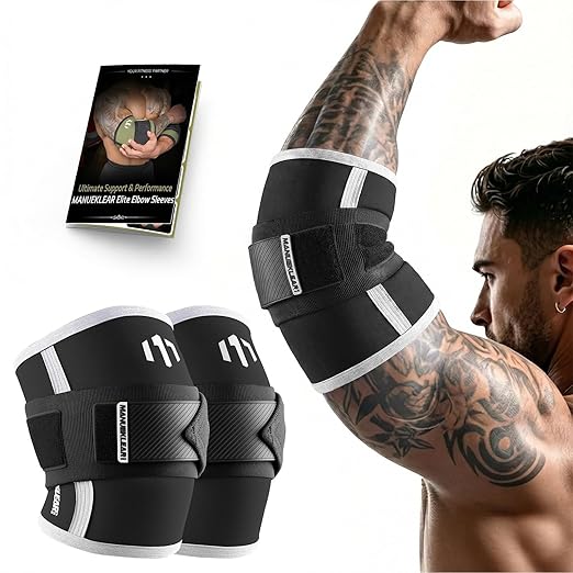 MANUEKLEAR Adjustable Compression Elbow Wraps for Weightlifting(1 Pair), Elbow Sleeves Weightlifting Men with Compression Band, 5mm Neoprene Elbow Strap for Weight Lifting and Bench Press
