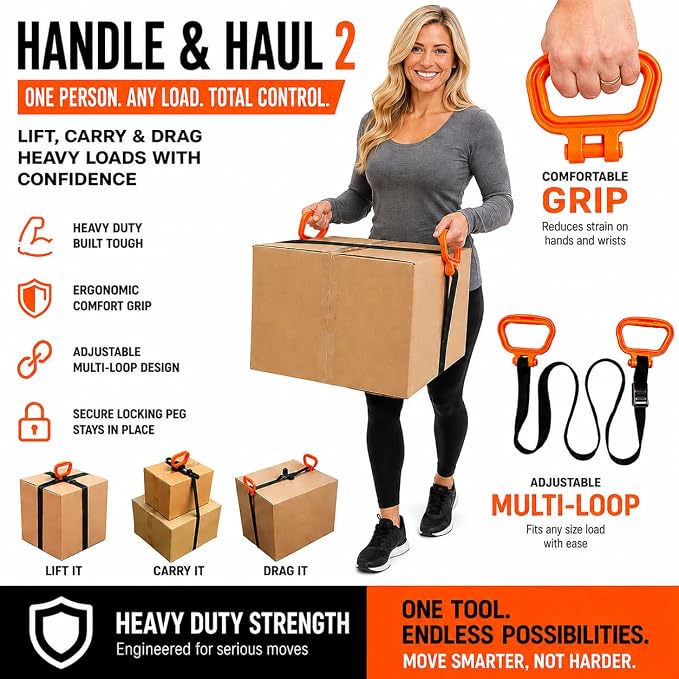 MULTUS Handle and Haul Moving Strap, 2 Handles - 1-Person Lift | 250 lb capacity, slides & locks anywhere on 9ft strap; moves furniture, mattresses, boxes solo