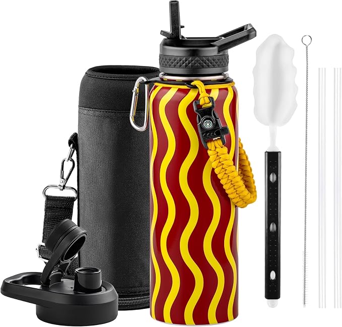 RAYMYLO Insulated Water Bottle 40 oz, Triple Wall Vacuum Stainless Steel | (Cold for 36Hrs, Hot for 18Hrs), Leak Proof & Non-BPA, Modern Water Flask Jug with Paracord Handle & Straw Spout Lids
