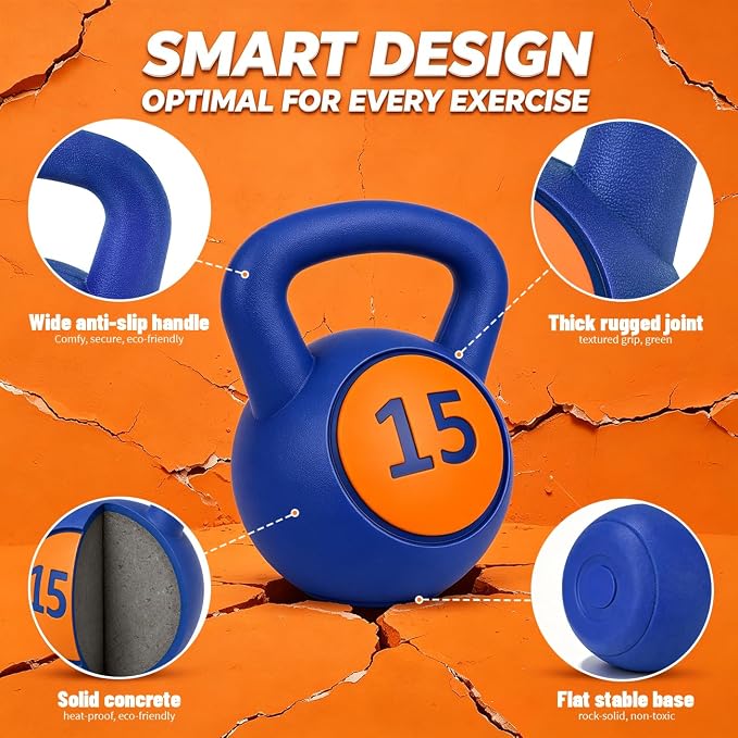 Single Kettlebells, Coated Cast Iron Kettlebell Weights with Wide Grip Handle & Flat Bottom, Strength Training Equipment for Swings, Squats, Deadlifts, Push-Ups & Home Gym Workouts