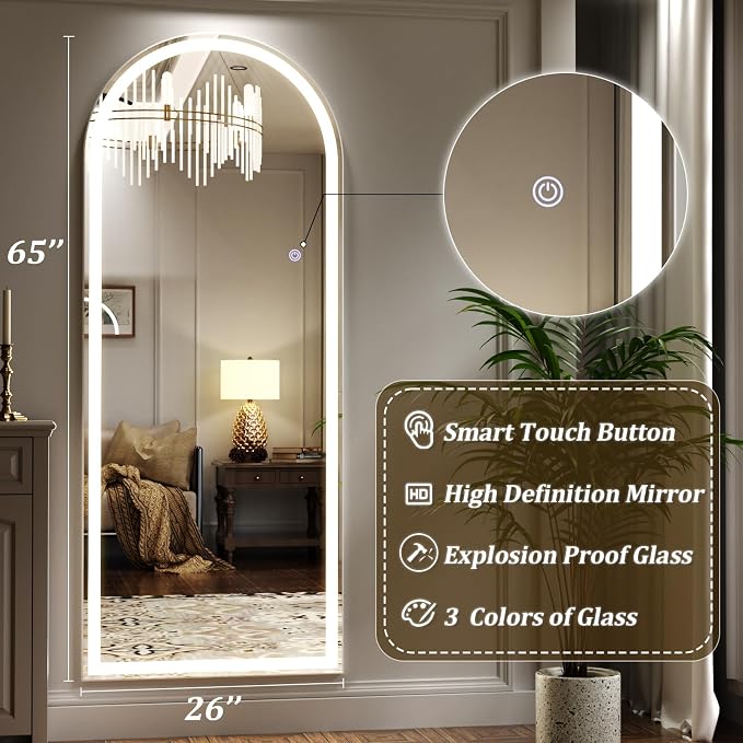 LED Arched Full Length Mirror with Lights 65" x26 Aluminum Frame | Floor Mirror with Dimming & 3 Color Lighting, Standing Leaning or Hanging for Bedroom Cloakroom White