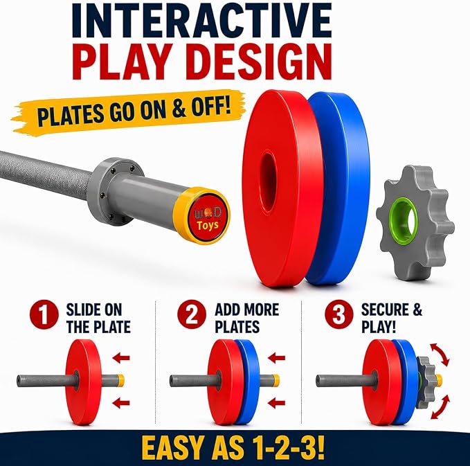 WOD Toys® Barbell Mini - Adjustable Kids Barbell Toy Weight Set for Kid Fitness, Weightlifting and Power lifting - Safe, Durable Kid's Gym Workout and Exercise Equipment for Toddlers and Children