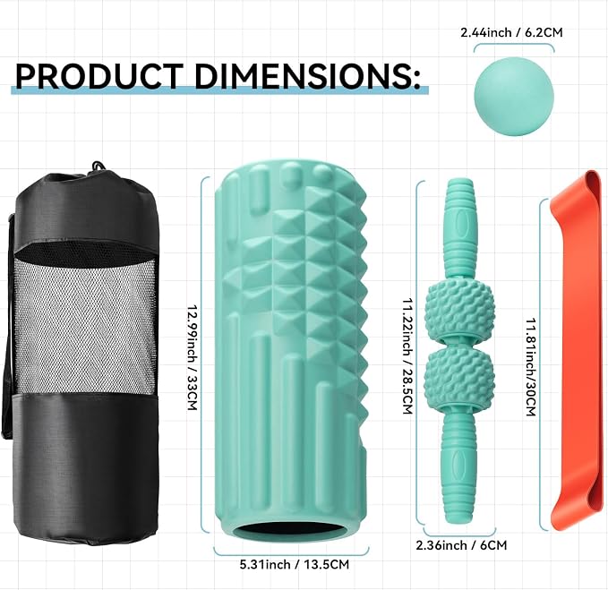 5 in 1 Foam Roller Set, High Density Patented Exercise Roller | Deep Tissue Massage Roller Stick, Massage Ball, Resistance Band for Pilates, Yoga, Whole Body Fitness Exercise,Tiffany Green