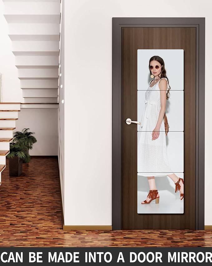Unbreakable Acrylic Full Length Mirror for Wall Mounted, Full Body Mirror for Kids, Flexible Plastic Safe Shatterproof, 4 PCS 10 x 10 Inches, Workout Mirrors Tiles for Home Gym, Bedroom Over The Door