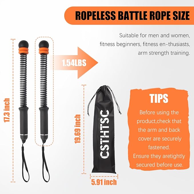 Portable Ropeless Battle Ropes, Adjustable Weights Cordless Battle Ropes. | Adjustable Weights,Cordless,With Storage Bag and Training Poster, Workout Rope for Strength, HIIT and Low-Impact Training