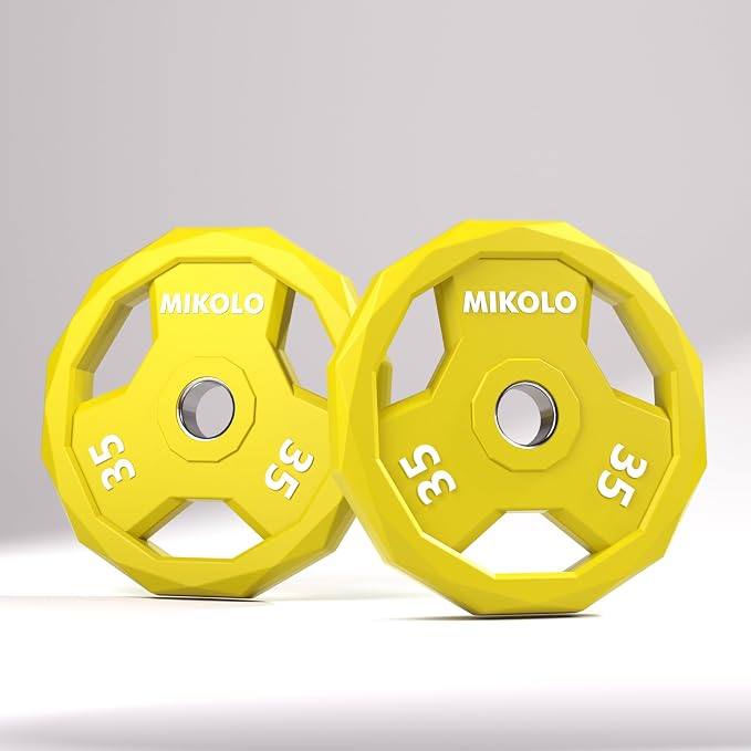 Mikolo Olympic Weights Set 2-Inch Rubber Coated Plates, 12-Sided Non-Roll Weight Plates Grip with 3 Handles for Home Gym, Strength Training, Single, Pair and Sets(5/10/15/25/35/45 LB)