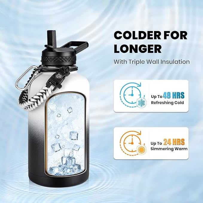 RAYMYLO Insulated Water Bottle 64 oz, Triple Wall Vacuum Stainless Steel (Cold for 48 Hrs), Leak Proof & Non-BPA, Half Gallon Water Flask Jug with Paracord Handle & Straw Spout Lids, White/Black | (Cold for 48 Hrs), Leak Proof & Non-BPA, Half Gallon Wa...