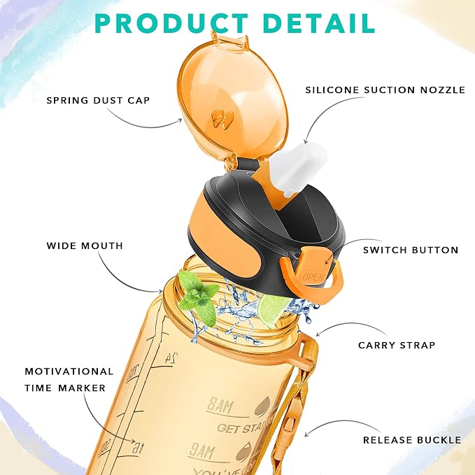 Enerbone 32 oz Water Bottle with Times to Drink and Straw, Motivational Drinking Water Bottles with Carrying Strap, Leakproof BPA & Toxic Free, Ensure You Drink Enough Water for Fitness Gym Outdoor