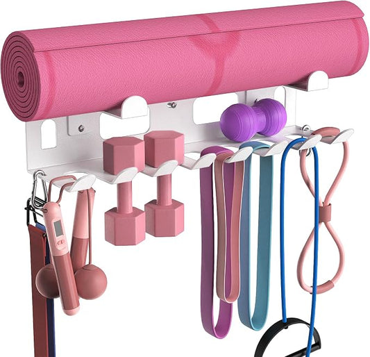 KHAMAL Multi-Purpose Gym Equipment Storage Rack for Resistance Bands - Gym Wall Storage for Exercise Bands, Yoga mat, Jump Ropes, Weight Belts, Straps, Hula Hoop (Black White)