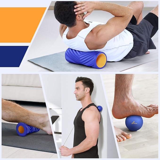 Sportneer 4 in 1 Pilates Foam Roller Muscle Relax Kit | with 2 Textured Foam Rollers Stringed Exercise Ball, Lacrosse Ball for Muscle Shoulder Back Leg Whole Body Relax Fitness Yoga