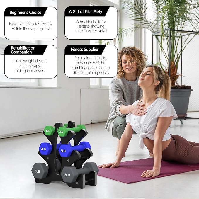Portzon Dumbbells Neoprene with Non Slip Grip weight for Total Body Workout Compatible with of 2 Set,1-15 LB, Anti-Slip, Anti-roll, Hex Shape