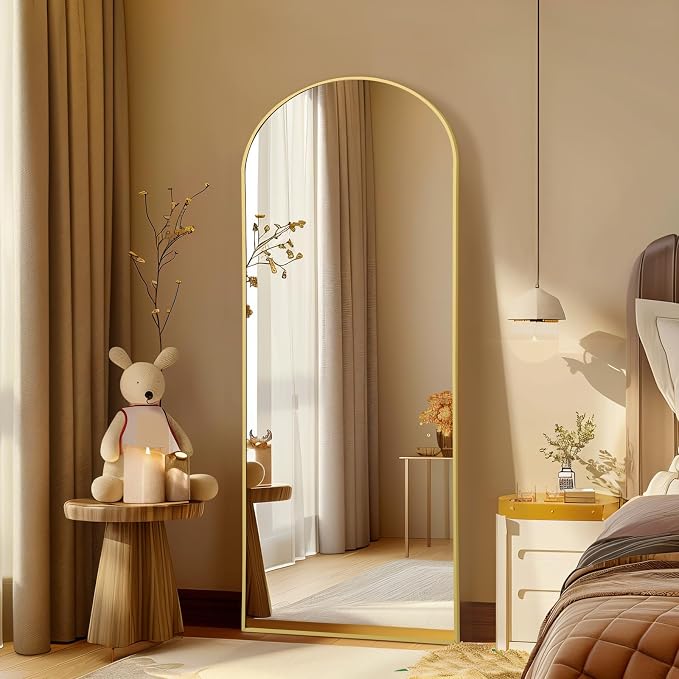 MirrMuse 56"x18" Arched Full Length Mirror, Gold Floor Mirror with Stand | Hanging or Leaning Against Wall, Tempered Glass, Full Body, for Bedroom Living Room, Aluminum Alloy Frame