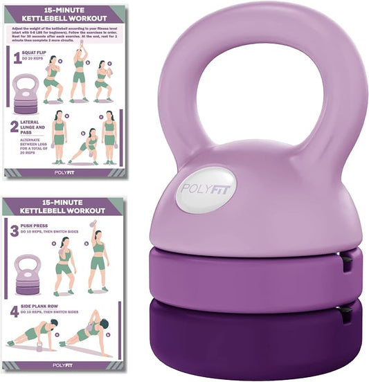 Polyfit Adjustable Kettlebell | 5 lb - 12 lb | Kettlebells Weights Set for Home Gym | Kettle Bell Sets for Women at Home | 3-in-1 adjustable design, 5/8/12 lb settings, non-slip PE coating, compact home gym storage, workout guide included