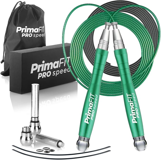 PrimaFIT Pro Speed Jump Rope for Adults, Weighted Skipping Rope for Boxing | Adjustable Jumping Rope for Fitness Workout & CrossFit Exercise, Double Unders, Handle Weights, 3m Cables 2 Protectors, Bag
