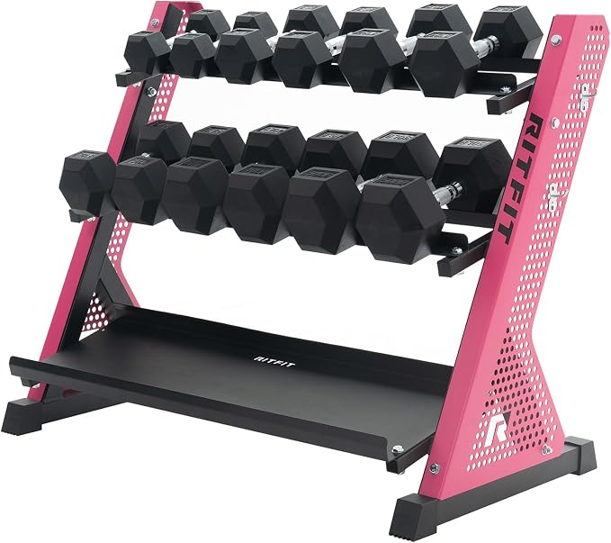 RitFit Rubber Hex Dumbbell Weight Set with 3-Tier Dumbbell Rack | Anti-Slip Knurled Chrome Handle,Cast Iron,Hexagon Anti-Roll Design,1000LB Capacity Heavy Duty Steel Rack for Home Gym