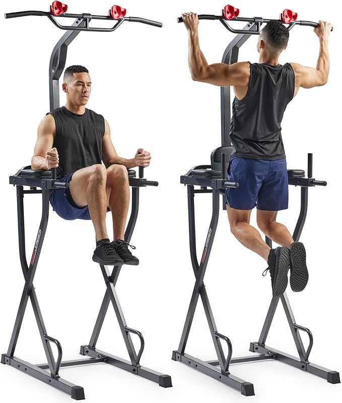 Sunny Health & Fitness Power Tower and Dip Station for Home Training | Multi-Function Strength Training, Pull-Up And Dip Stations, Padded Grips, Sturdy Frames, Captain's Chair
