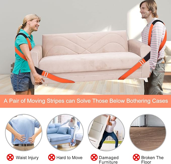 Moving Straps,2-Person Lifting & Moving System Adjustable Shoulder Lifting | Lift,Carry,Secure Furniture for Move,Appliances,Mattresses,Heavy Objects up to 800lbs,Safely and Easily Like a Pro,Orange