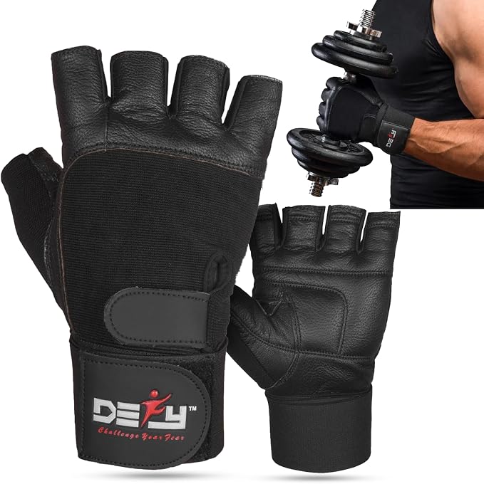 DEFY Padded Weight Lifting Gloves with 13" Long Wrist Wrap Genuine Leather Gym Gloves for Power Lifting, Cross Training, Workout Black