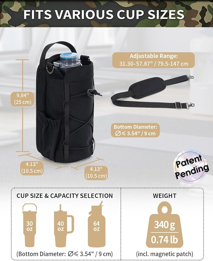 sportsnew 40oz Insulated Crossbody Water Bottle Bag Gym Hiking Phone Pocket | Water-resistant Lining, Padded Strap, Top Handle, Drawstring, Phone Pocket, Elastic Slots, Built-In Key Clip for Gym Walking