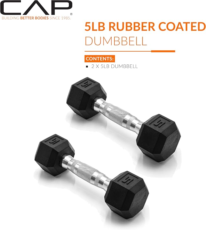 CAP Rubber Coated Dumbbell Weights, Free Weights for Home Gym Strength Training, Anti-Roll Hex Dumbbells with Black, Chrome & Comfort Grip Handles, Pairs & Sets