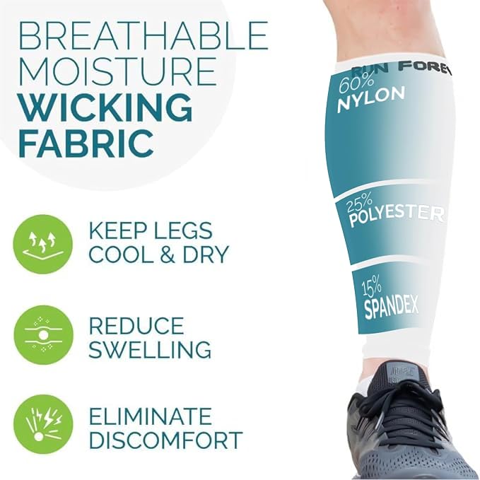 Run Forever Calf Compression Sleeve for Men & Women, 20-30mmHg Compression | Leg Sleeve for Shin Splints, Varicose Veins, Swelling & Pain Relief | Footless socks for Running, Cycling & Travel