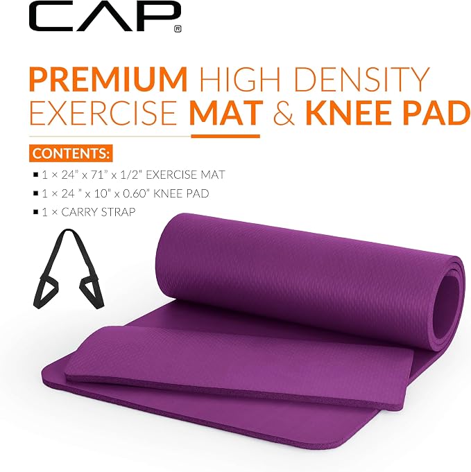 CAP Barbell 1/2-Inch High Density Exercise Yoga Mat with Strap | Multiple Options