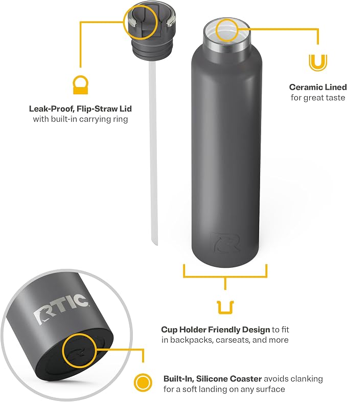 RTIC 26oz Journey Water Bottle, Ceramic Lined, Graphite | Stainless Steel Metal, Insulated for Hot and Cold Drinks, Sports, Travel and Camping