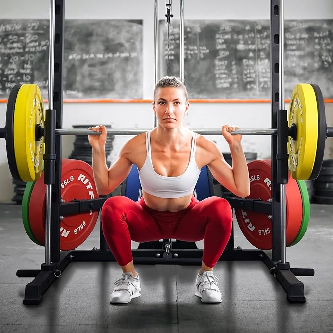 RitFit Smith Machine Power Rack with LAT-Pull Down System | Half Smith Machine with Landmine, Barbell Bar, Plate Storage Pegs and More Training Attachment