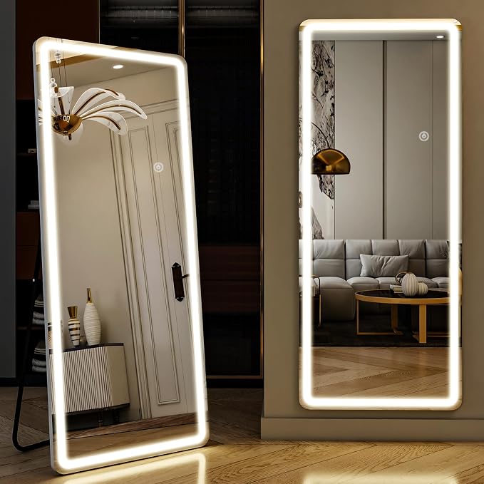LED Full Length Mirror 71"x 26" - Lighted 3 Color Lighting | Floor Mirror with Dimming & , Mirror Full Size with Round Corner Standing Leaning or Hanging for Bedroom Cloakroom White
