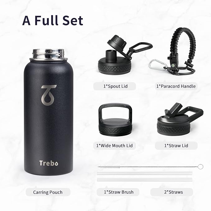 Trebo Insulated Water Bottle 32 oz with 3 Lids, Paracord Handle & Sleeve | Stainless Steel Metal Flask Vacuum, Triple Wall Copper Plated, Dishwasher Safe, Cold 48Hrs for Trail, Hiking, Wide Mouth