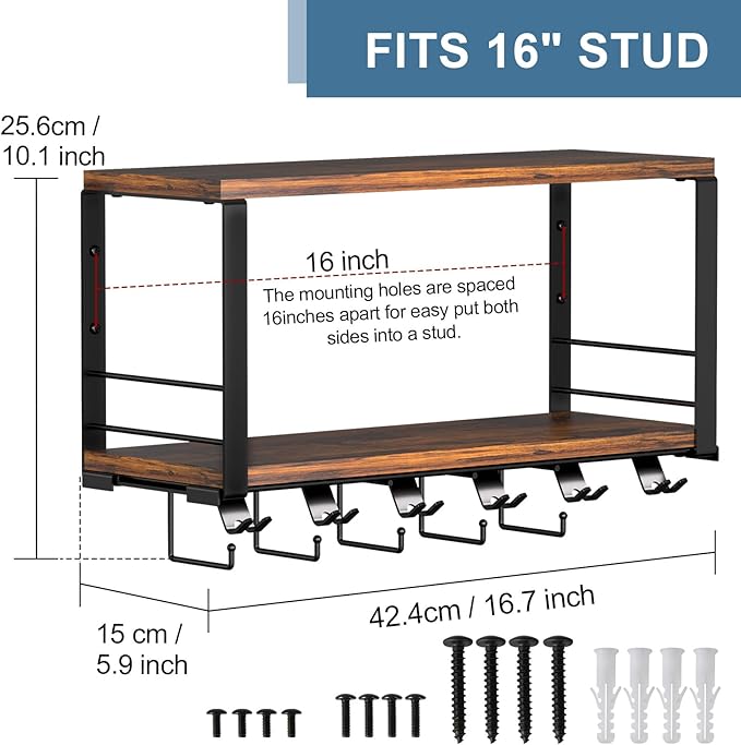 TJ.MOREE 2 Tier Floating Shelf Compatible with Tonal Accessories Wall Mount | Brown Woodeen Home Gym Storage Rack for Fitness Equipment, T-Bracket Lock Adapters Hanger