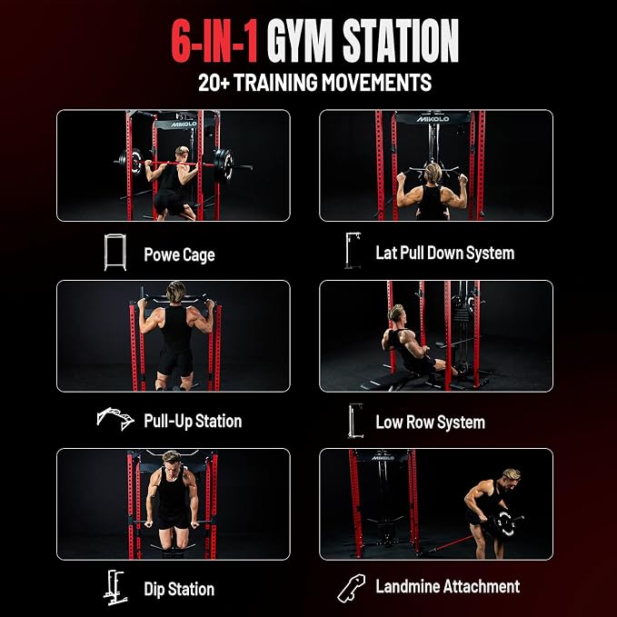 Mikolo F4 2.0 Power Cage with Dual-Track Smooth Pulley System, 1200LBS Power Rack with Leg Hold-Down for Heavy LAT Pulldowns