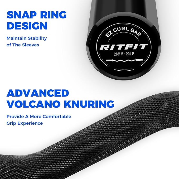 RitFit 2 Inch EZ Curl Bar Olympic Barbell with Weight Plates & Collar | 4FT EZ Curl Bar with 35LB Weight Plates, Collars for Bicep, Tricep Workout, Weightlifting, 350LBS Weight Capacity